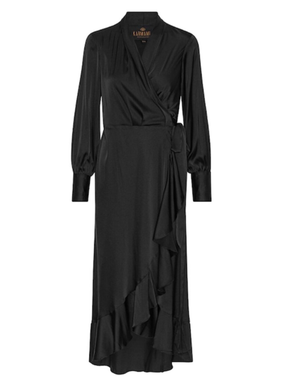 Karmamia Bea Black Satin Wrap Dress Ruffle Midi NWT Size S/M